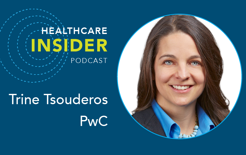 Photo of Trine Tsouderos with Healthcare Insider podcast logo